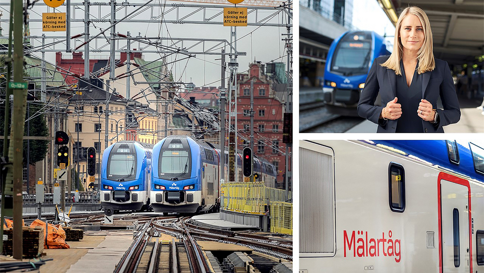Collage de trois images montrant deux trains MTR Mälartåg, le PDG Fridka Ukman et un gros plan d'un train MTR Mälartåg.