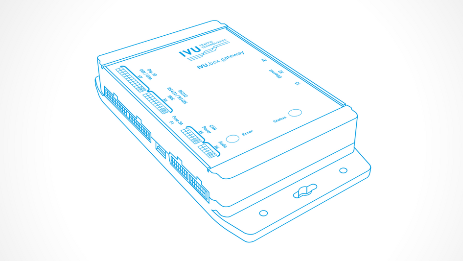 Dessin au trait bleu de l'IVU.box.gateway vu de biais.