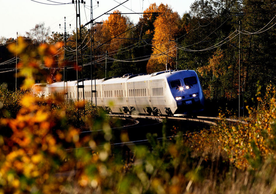 Blauer Zug von SJ vor einem herbstlichen Wald