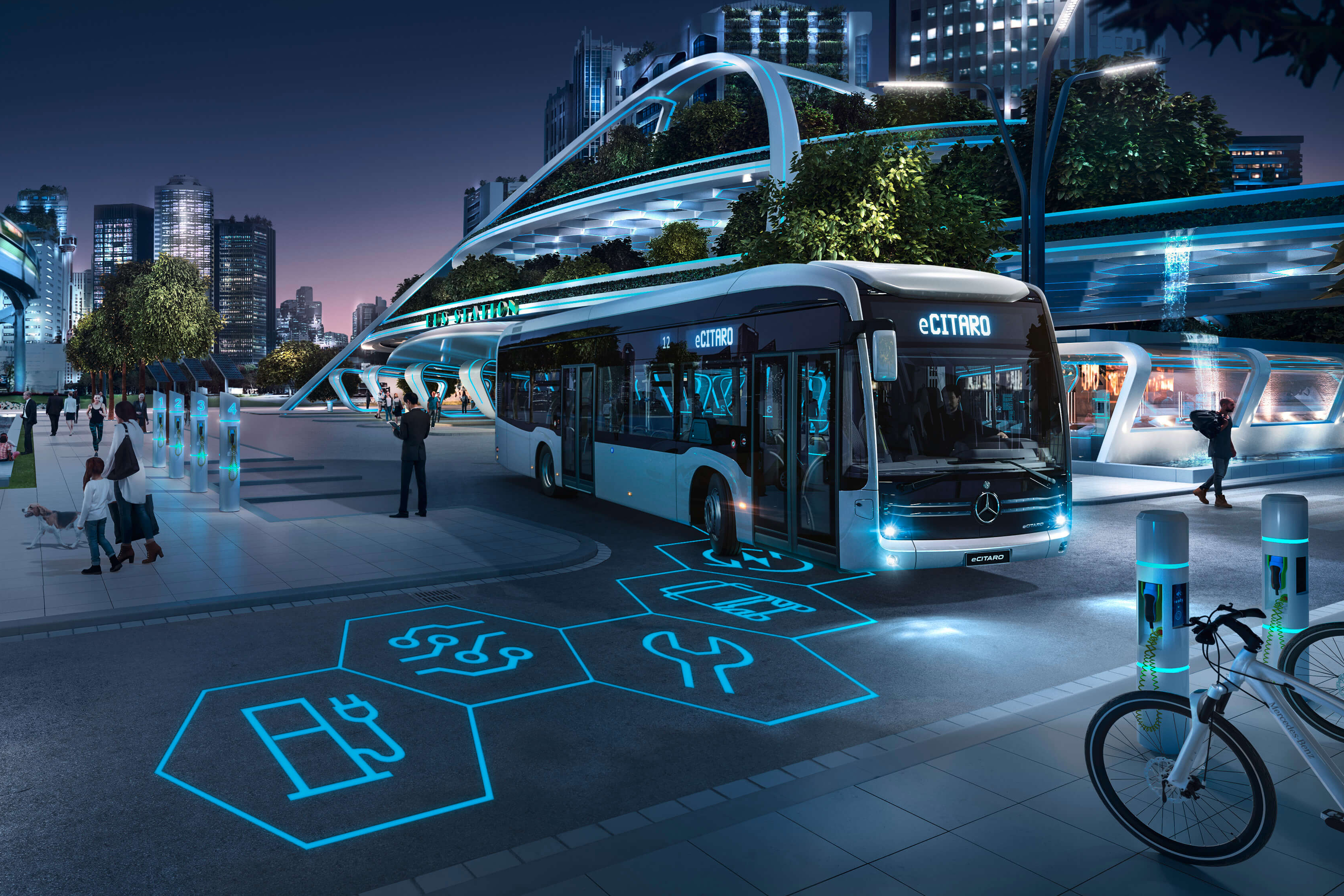 Représentation futuriste d'un bus tournant à un arrêt de bus