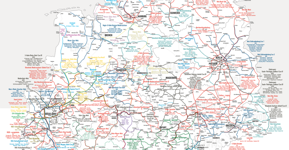 Ausschnitt einer Karte der Aufgabenträger und Wettbewerbsnetze in Deutschland