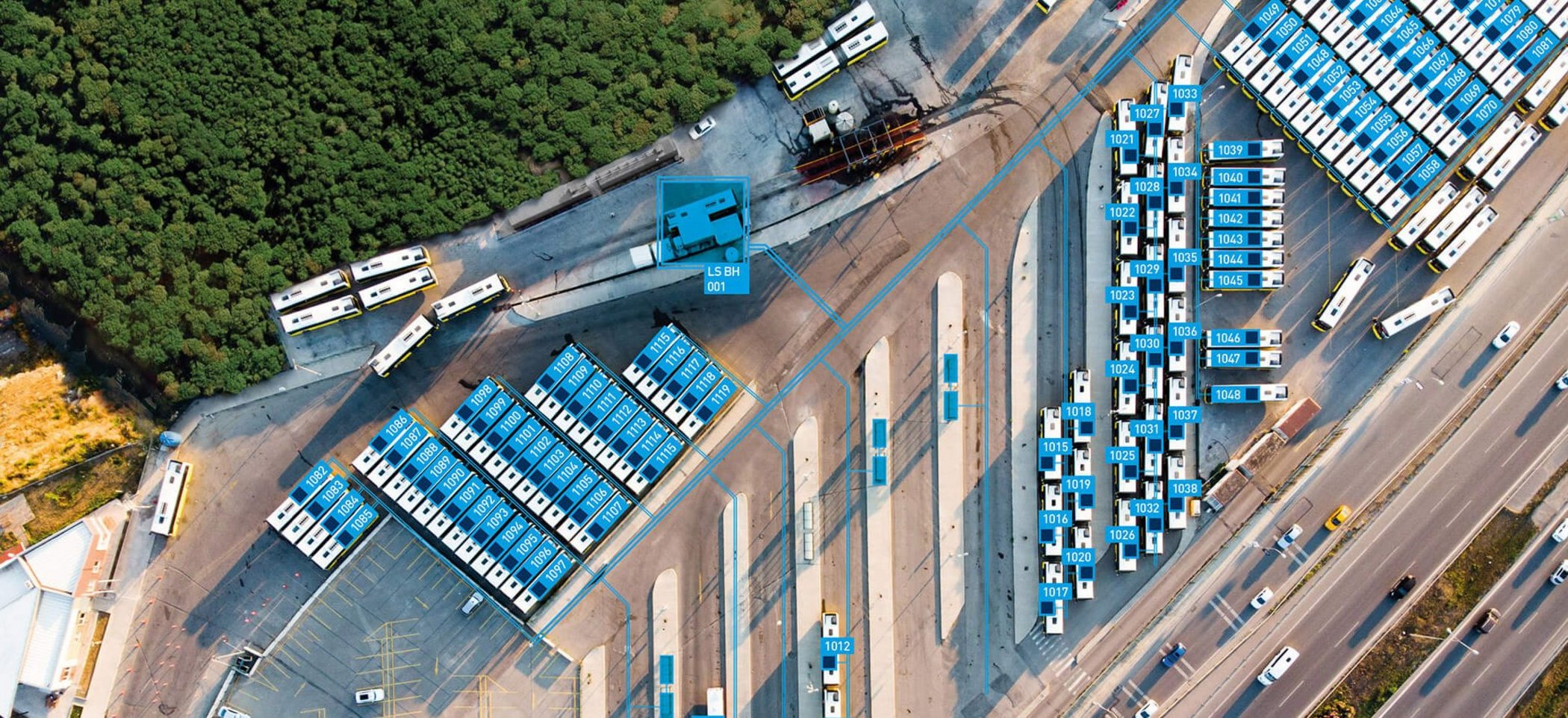 Betriebshof mit geparkten Bussen aus der Luftansicht