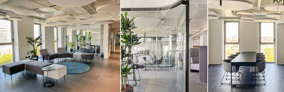Collage de trois images de l'intérieur des nouveaux bureaux d'IVU Italia à Rome.
