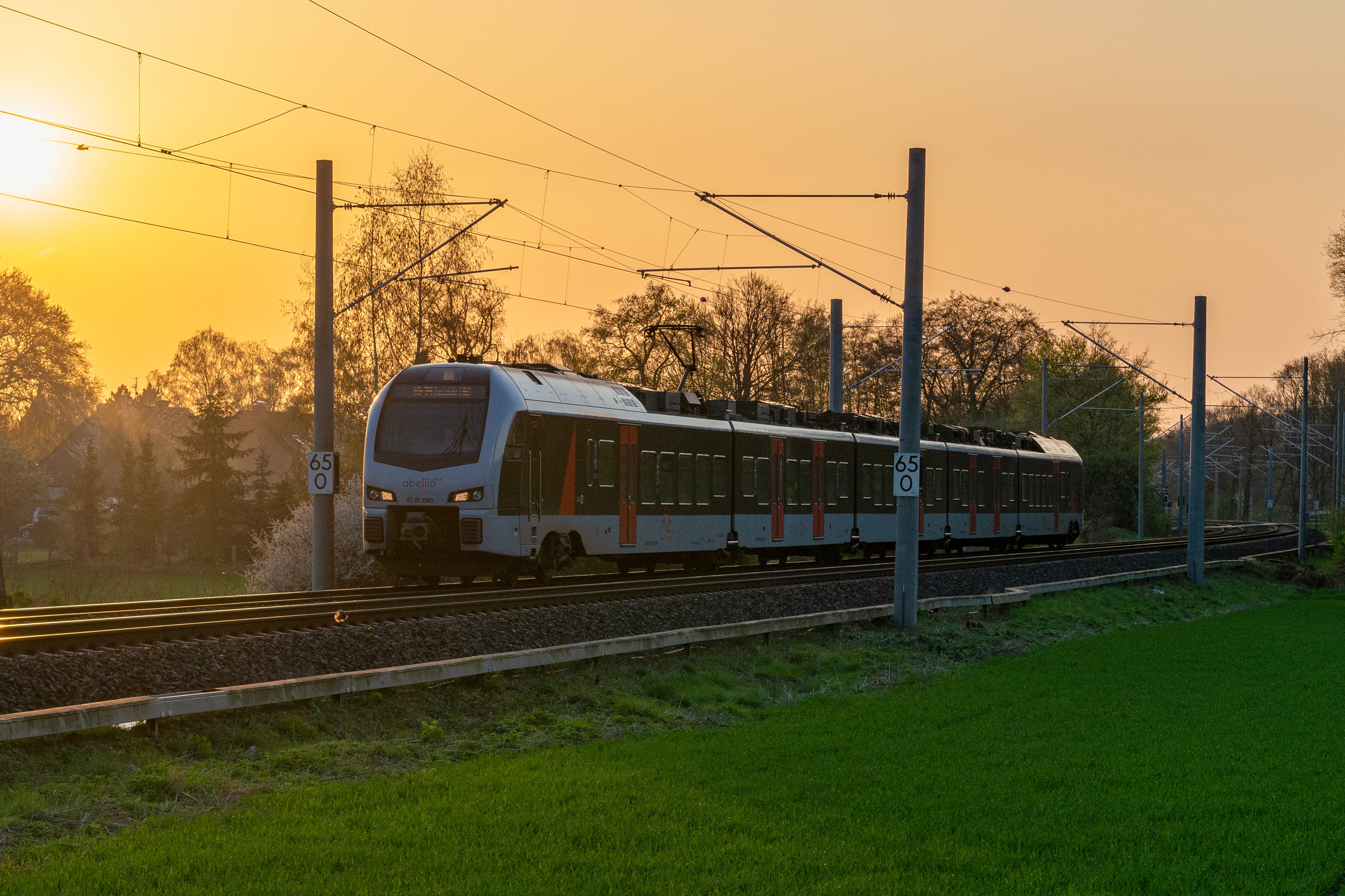 Zug auf Schienen vor einem Sonnenuntergang