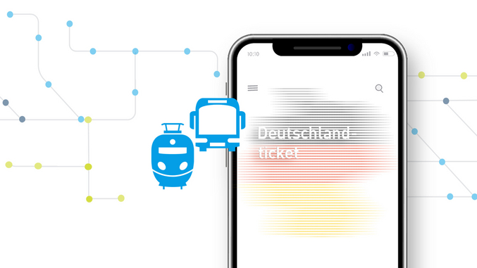 Graphique d'un réseau de lignes de bus et de train ainsi que d'un smartphone avec le drapeau allemand sur l'écran.