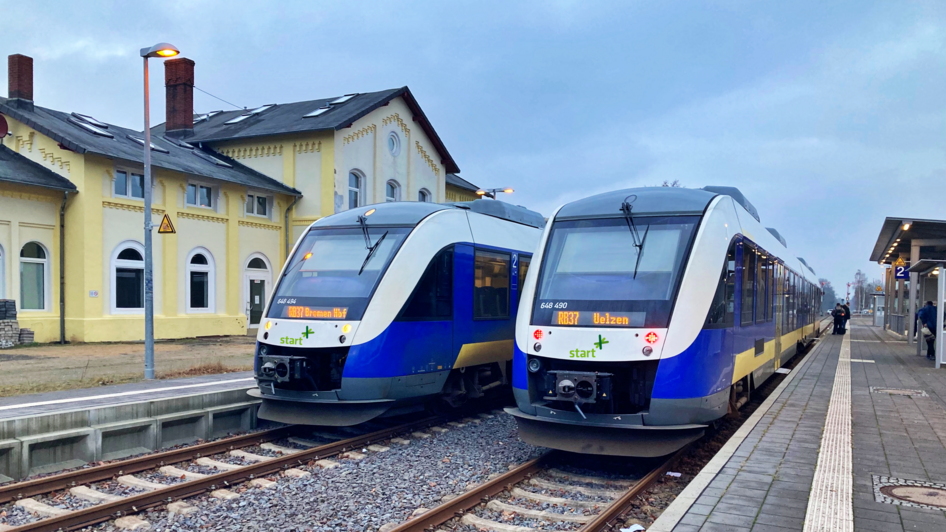Deux trains bleus et blancs de la compagnie sont à l'arrêt dans une gare.